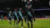 Leicester’s James Justin (bottom-right) celebrates with team-mates after scoring a sensational goal in the Foxes’ 2-0 in at 