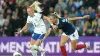 England’s Chloe Kelly, left, and Scotland’s Samantha Kerr battle for the ball in September’s meeting (Owen Humphreys/PA)