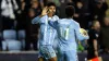 Ellis Simms, left, celebrates after scoring Coventry’s equaliser (Nigel French/PA)