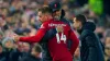 Jordan Henderson is hugged by manager Jurgen Klopp after being substituted during last year’s Merseyside derby at Anfield (P