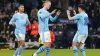 Manchester City’s Erling Haaland (centre) celebrates scoring his side’s third goal against Copenhagen (Nick Potts/PA)