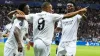 Kylian Mbappe, centre, celebrates after scoring on his debut for Real Madrid in the UEFA Super Cup (Czarek Sokolowski/AP)