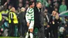 Celtic manager Brendan Rodgers, right, and goalscorer Reo Hatate celebrate victory over RB Leipzig (Andrew Milligan/PA)