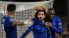 Chelsea’s Marc Cucurella (centre) celebrates after scoring the opening goal with team-mate Nicolas Jackson during the Premie