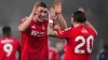 Nottingham Forest’s Jota Silva and Nikola Milenkovic celebrate their win over Tottenham (Mike Egerton/PA).