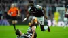 Newcastle United’s Fabian Schar (left) after being fouled by Aston Villa’s Jhon Duran (right) leading to a red card during t