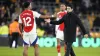 Arsenal’s Jurrien Timber and manager Mikel Arteta after their win at Wolves (Nick Potts/PA)