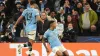 Manchester City’s Savinho (right) celebrates scoring their side’s third goal of the game during the UEFA Champions League, l