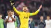 Tottenham goalkeeper Guglielmo Vicario gestures to the away fans after a 1-0 defeat at AZ Alkmaar (Peter Lous/PA)